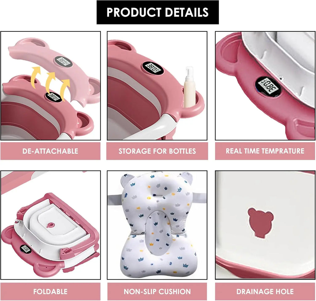 Bañera Plegable con Termómetro y Cojín Flotante