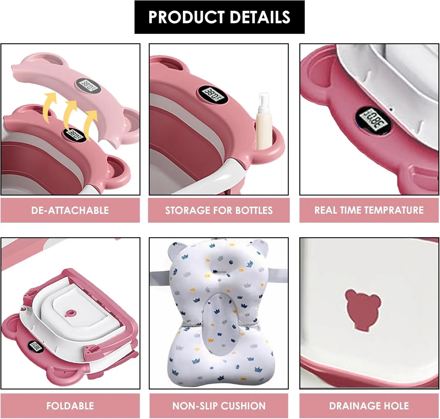 Bañera Plegable con Termómetro y Cojín Flotante