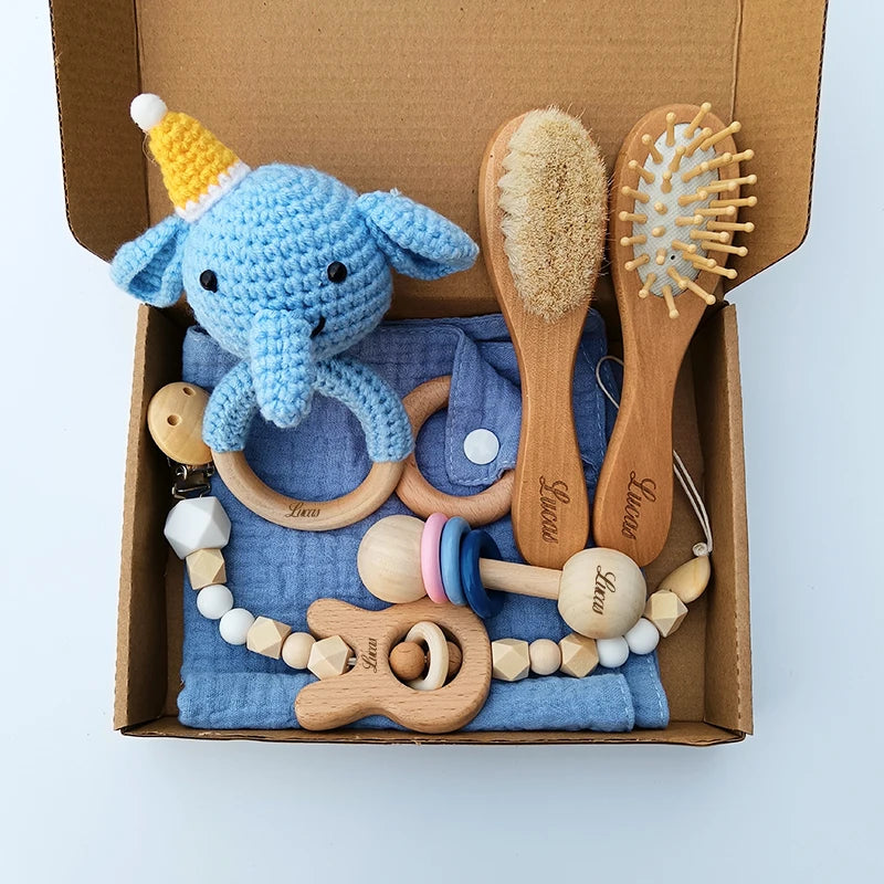 Set Regalo Bebé: Cepillo Madera Personalizado + Sonajero Lana Natural